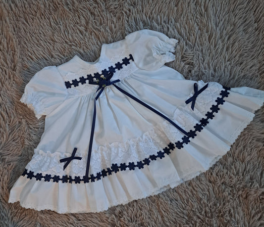 Girls White and Navy Embroidered Dress